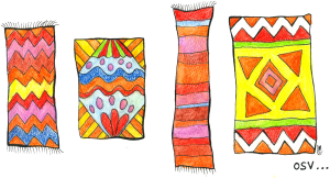4 fargerike tepper med forskjellige mønstre.